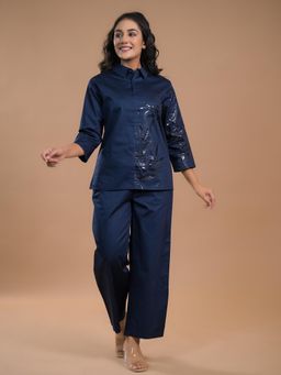 Roohaniyat - Women Blue Cotton Satin Printed Shirt with Pant (Set of 2)