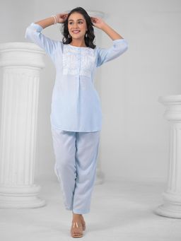 Roohaniyat - Women Blue Blended Fabric Embroidered Top with Pant (Set of 2)