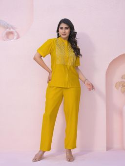Roohaniyat - Women Mustard Silk Embroidered Shirt with Pant (Set of 2)