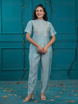 Roohaniyat - Women Turquoise Silk Embroidered Shirt with Pant (Set of 2)