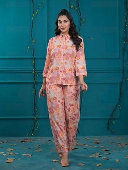 Roohaniyat - Women Peach Satin Printed Shirt with Pant (Set of 2)