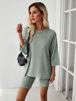 Outzidr - Green Ribbed Street Style Co Ord Set With Cycling Shorts And T-Shirt