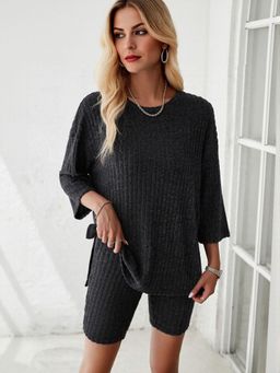 Outzidr - Charcoal Ribbed Street Style Co Ord Set With Cycling Shorts