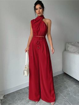 Outzidr - Red Asymmetrical High Neck Party Top with Wide Straight Pant Co-Ord Set