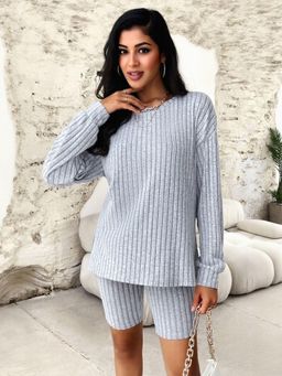 Outzidr - Women Grey Polyester Blend Stripes Top with Shorts (Set of 2)