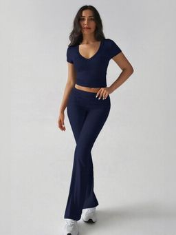 Outzidr - Navy Blue Crop Fitted Street Style Top Fit And Flare Pants Co-Ord