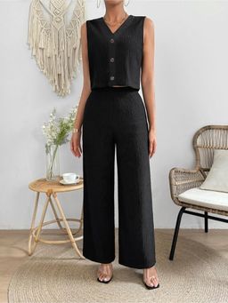 Outzidr - Black Vest Front Button & Straight Fit Street Style Trouser Co-Ord