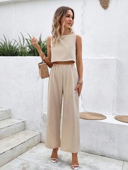 Outzidr - Beige Crop Street Style Top And Pant Co Ord Set