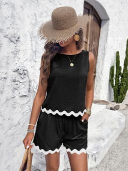 Outzidr - Women Black Viscose Solid Top with Shorts (Set of 2)