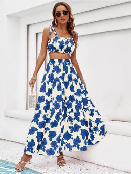 Outzidr - Blue Off Shoulder Crop Vacay Top Flared Skirt
