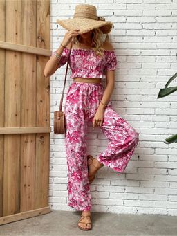 Outzidr - Pink Off Shoulder Vacay Top And Straight Fit Pant