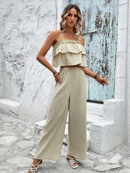 Outzidr - Beige Tiered Strappy Vacay Top With Straight Fit Trouser Co-Ord Set