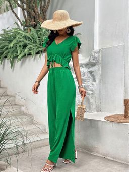 Outzidr - Green Crop Vacay Top And Trouser Co Ord Set