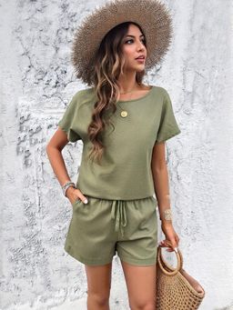 Outzidr - Women Green Viscose Blend Solid Top with Shorts (Set of 2)