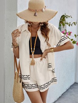 Outzidr - White Hem Embroidery Coord Set With Short