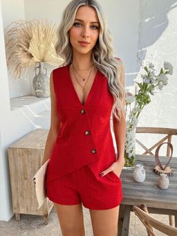 Outzidr - Red Button Down Vacay Shirt And Top Co-Ord Set