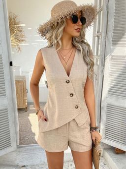 Outzidr - Beige Button Down Vacay Shirt And Top Co-Ord Set