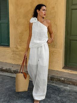 Outzidr - White One Shoulder Corsage Top With Wide Leg Trouser Coord Set
