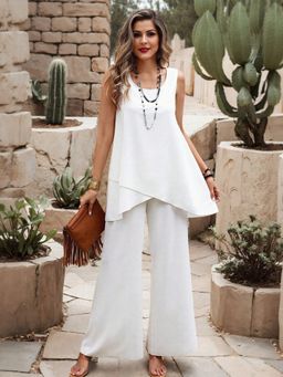 Outzidr - White Sleeveless Vacay Top With Straight Pant Coord Set