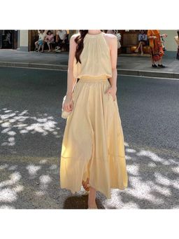 Outzidr - Yellow Blouson Street Style Top With Tiered Maxi Skirt