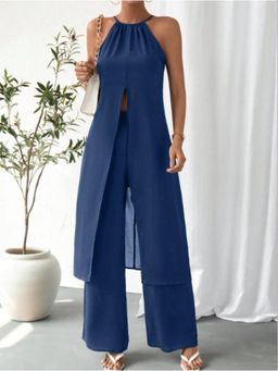 Outzidr - Navy Blue Longline Cut Out Party Top With Pant Co-Ord Set