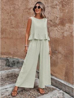 Outzidr - Grey Sleeveless Street Style Top With Wide Leg Trousers