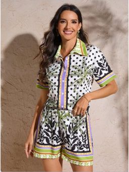 Outzidr - Green Placement Print Satin Shirt And Shorts Casual Wear Co-Ord Set