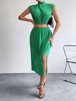 Outzidr - Women Green Polyester Stripes Top with Skirt (Set of 2)