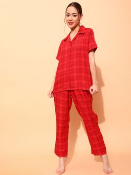 Clovia - Classy Checks Printed Buttoned Down Shirt & Pyjama Set - Red