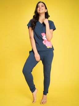 Clovia - Owl Print Top & Pyjama in Navy - 100% Cotton