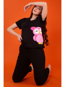 Clovia - Owl Print Top & Pyjama in Black - 100% Cotton