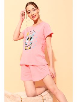 Clovia - Cotton Owl Printed Top & Shorts Set - Pink