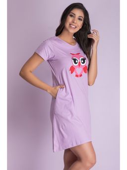 Clovia - Cotton Cute Printed Short Nightdress With Pocket - Purple