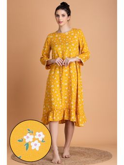 Clovia - Pretty Florals Mid Length Night Dress in Yellow - Cotton Rich