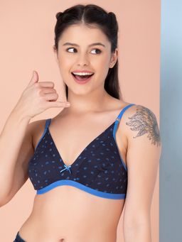 Clovia - Cotton Spandex Printed Non-Padded Demi Cup Wire Free Plunge Bra - Dark Blue