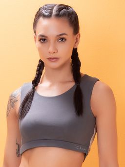 Clovia - Activewear Sports Crop Top with Back Cut-out - Grey