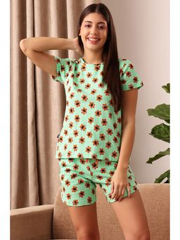 Clovia - Cotton Printed Top & Boxer Shorts Set-green