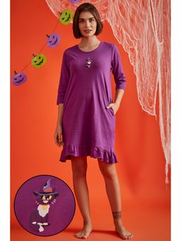Clovia - Graphic Print Short Night Dress- 100 Percent Cotton -purple