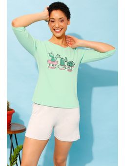 Clovia - Cactus Print Top in Seafoam Green & Chic Basic Shorts in Grey - 100% Cotton