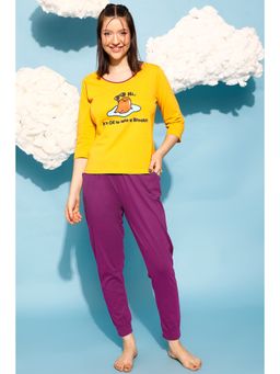 Clovia - Graphic Print Top & Solid Pyjama Set - 100 Percent Cotton -Yellow