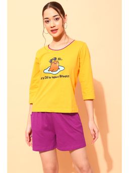 Clovia - Graphic And Text Print Top & Chic Basic Shorts - Cotton -Yellow