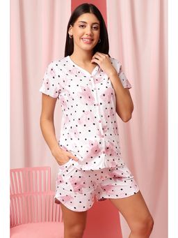 Clovia - Dot Print Button Down Top & Shorts Set In White- 100 Percent Cotton