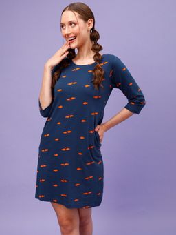Clovia - Pretty Printed Short Night Dress - 100 Percent Cotton -Navy Blue