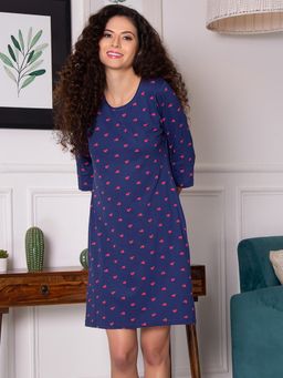 Clovia - Pretty Printed Short Night Dress - 100 Percent Cotton -Navy Blue