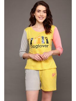 Clovia - Print Top & Chic Basic Shorts Set - 100 Percent Cotton -Yellow