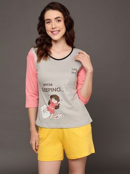 Clovia - Print Top & Chic Basic Shorts Set - 100 Percent Cotton -Grey