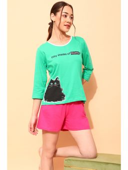 Clovia - Print Top & Chic Basic Shorts Set - 100 Percent Cotton -Green