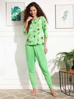 Clovia - Cactus Print Top & Chic Basic Pyjama in Mint Green Pure Cotton (Set of 2)
