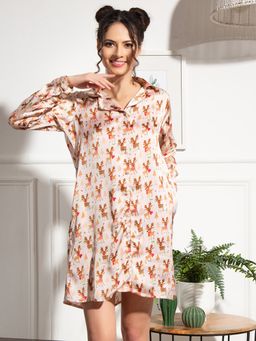 Clovia - Christmas Print Button Down Sleep Shirt in White