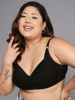 Clovia - Cotton Spandex Solid Padded Full Cup Wire Free Full Figure Bra - Black